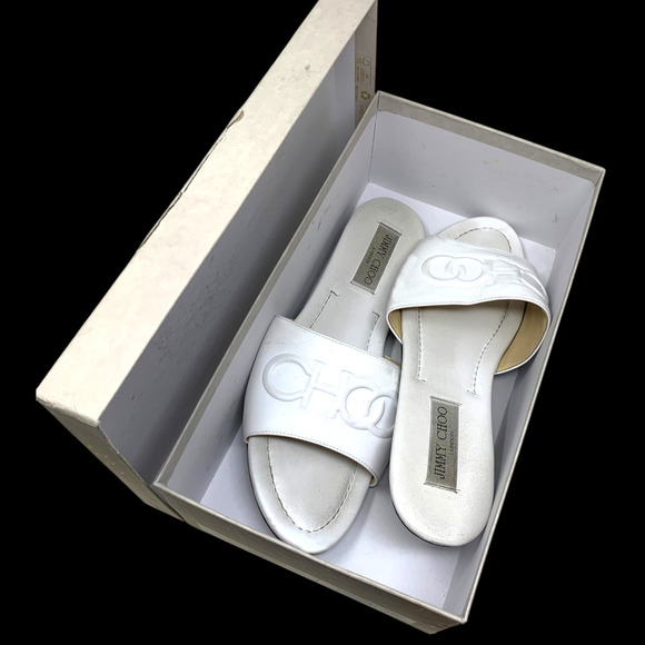 Jimmy Choo Tiaret Flat Sandals Size 40 US 10 White Calf Leather Dust Bag Boxed - Picture 11 of 13